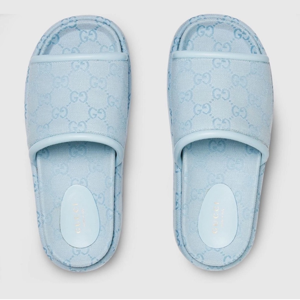 Gucci Light Blue GG Monogram Logo Canvas Mule Flat Slide Platform Sandal 39 - Picture 8 of 16